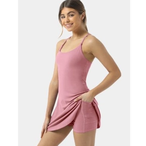 HALARA Dresses & Skirts - NWT Halara Cloudful Wannabe Backless 2-in-1 Flare Dress Pink Lemonade Small